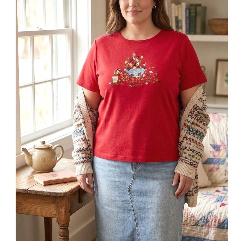 Cottagecore Twee Grandmacore T-Shirt Breckenridge Floral Embroidered Red Top 1X
